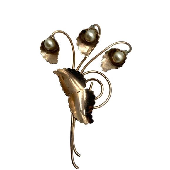 Vintage 1940s Exceptional Pearl Floral Bouquet Gold toned Pin - Picture 2 of 6